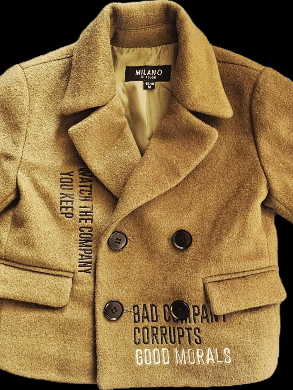 Milano Kids Olive Double-Breasted Peacoat with Embroidered Slogans
